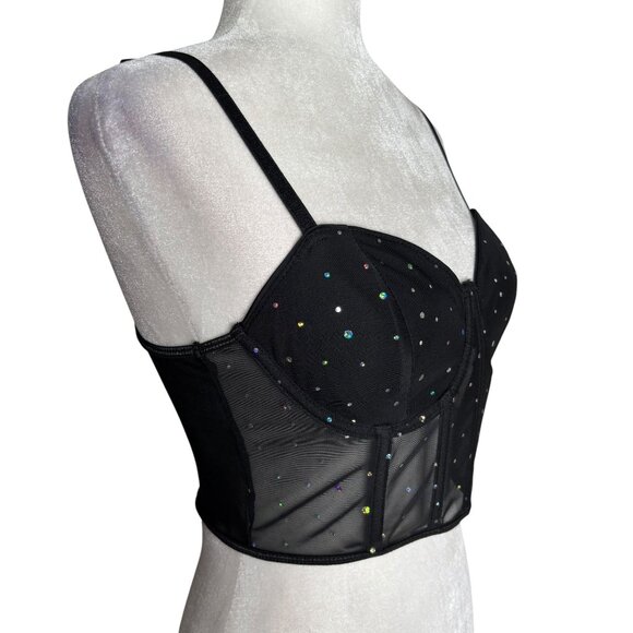 Mesh Rhinestone Bustier Crop Top Black Medium Adjustable Straps Boning NEW - Picture 5 of 7